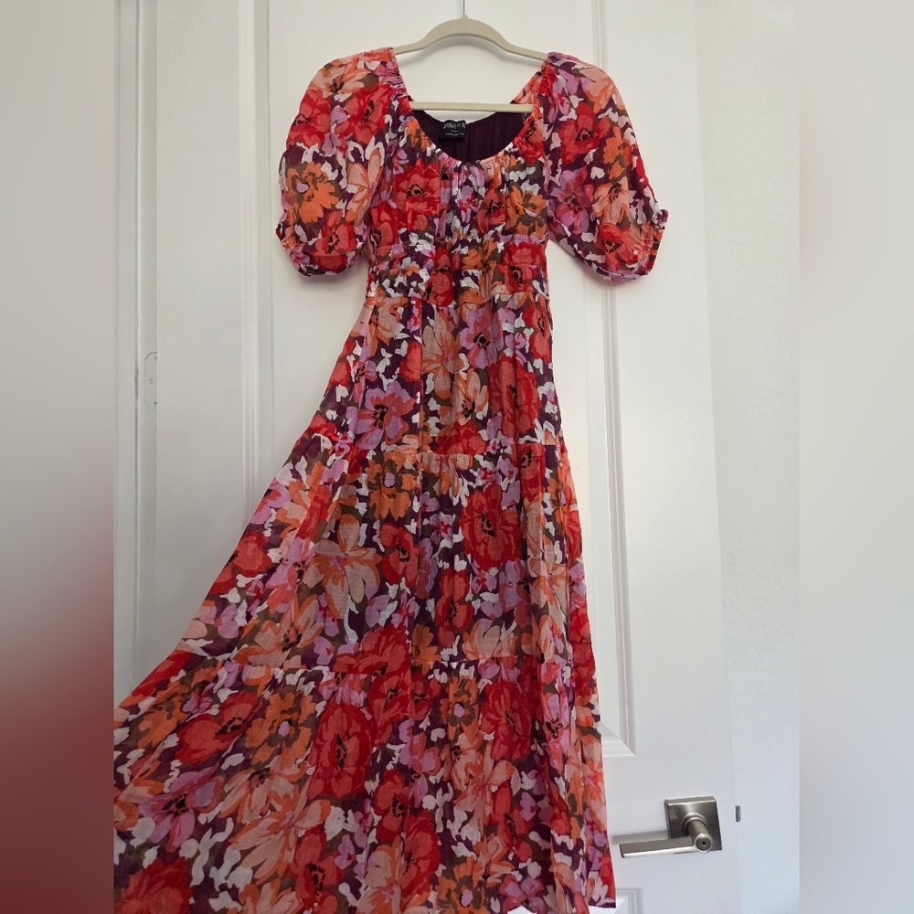 Floral Puff-Sleeve Maxi Dress - Red Multi